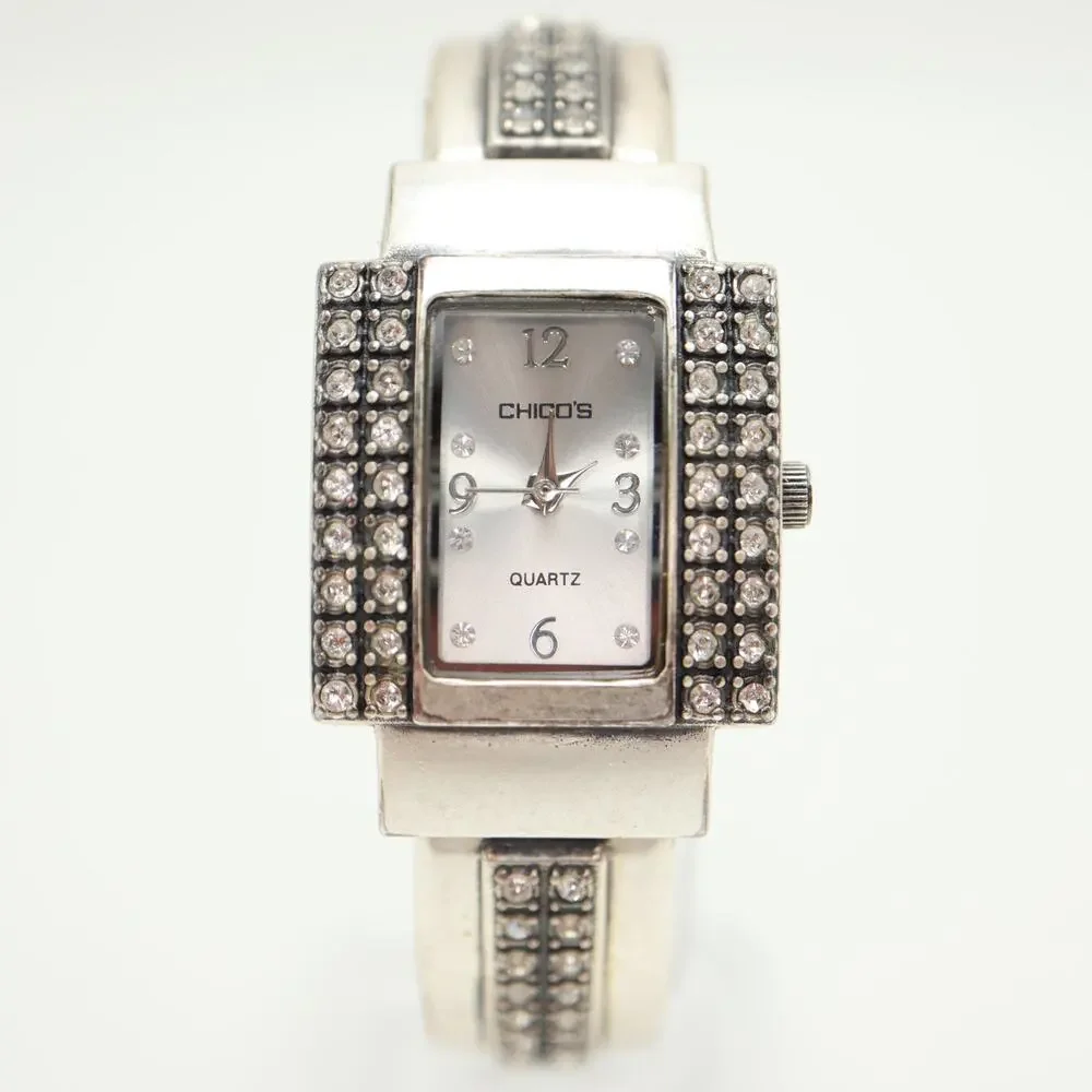 Chico's Silver Tone 24mm Square Jewel Cuff Womens Watch Metal w New Battery